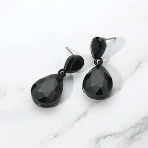 Jet Black Dangle Crystal Earrings 1.25 Inch Double Glass Teardrop